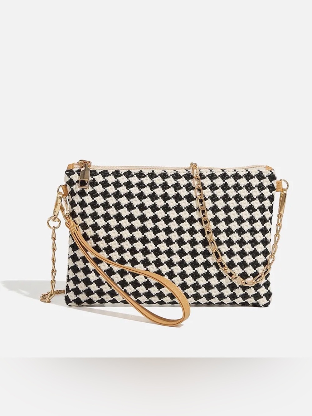 Houndstooth Wristlet Clutch with Gold Chain Accent